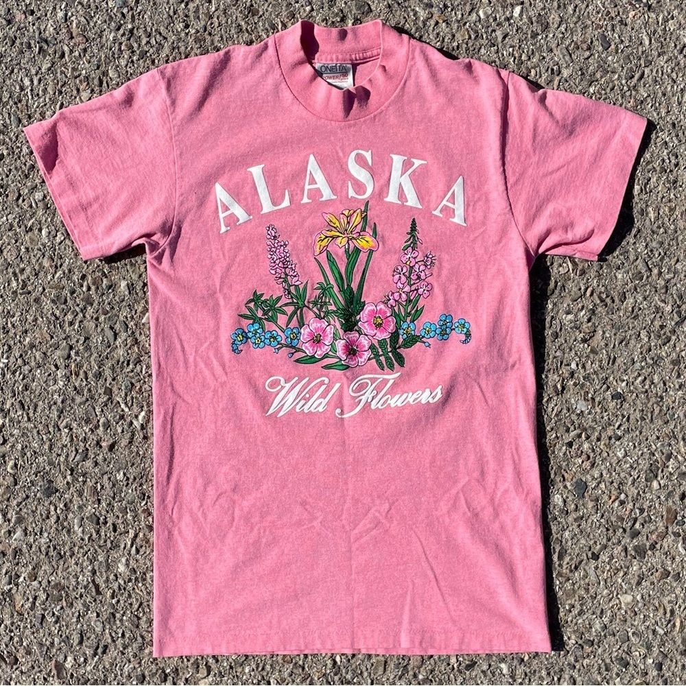 Alaska Wild Flowers Vtg 1990s Oneita Power 50 Plus T-Shirt Women’s Size (S)